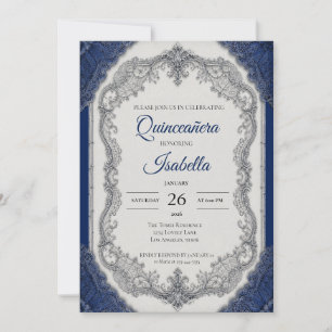 Luxus Royal Blau Silber Quinceañera Einladung