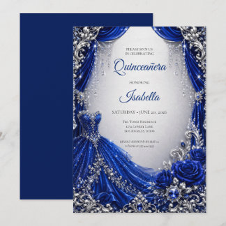 Luxus Royal Blau Silber Quinceañera Einladung