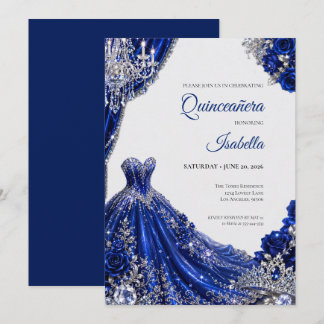 Luxus Royal Blau Silber Quinceañera Einladung
