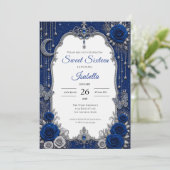 Luxus Royal Blau Silber Sweet 16 Einladung (Stehend Vorderseite)
