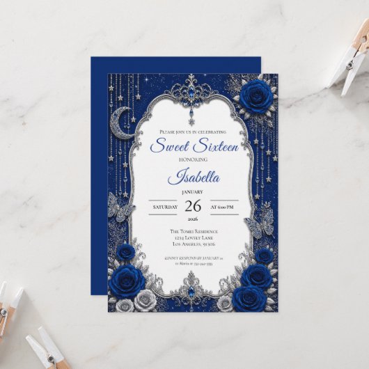 Luxus Royal Blau Silber Sweet 16 Einladung (Vorderseite/Rückseite Beispiel)