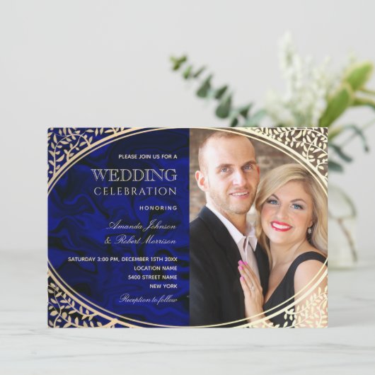 Luxus Royal Blue Gold All-In-One Hochzeit Einladun Einladung (Stehend Vorderseite)