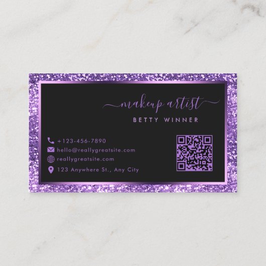 Luxus Royal Lila Glitzer Modernes Script Monogram Visitenkarte (Rückseite)