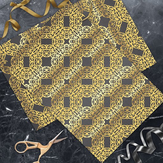 Luxus Royal Oriental Gold Damask Muster auf schwar Seidenpapier