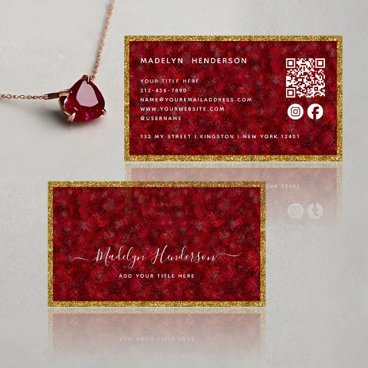 Luxus Ruby Gold Frame QR Code Social Media Icons Visitenkarte