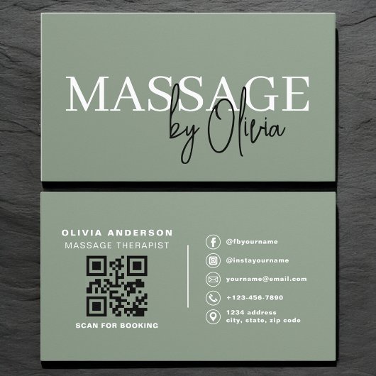 Luxus-Salbei-Grün-Massagetherapeut QR-Code Visitenkarte