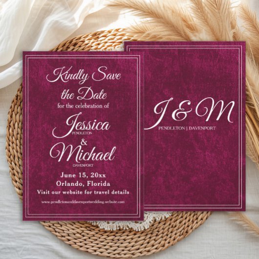 Luxus-Samt Burgunder-Beere-Monogramm-Hochzeit Save The Date