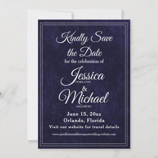 Luxus-Samt-Hochzeit in Navyblau mit Monogramm Save The Date (Vorderseite)
