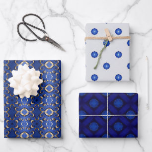 Luxus Sapphire Blue Gold Gemustert Geschenkpapier Set