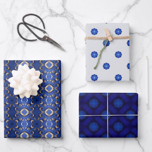 Luxus Sapphire Blue Gold Gemustert Geschenkpapier Set (Vorderseite)