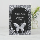 Luxus schicke Glitzer Schwarz Silber Butterfly ele Einladung (Stehend Vorderseite)