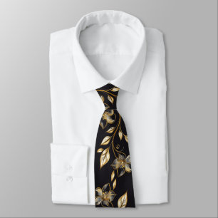Luxus-Schlips mit schwarzem und goldenem Blumenmus Krawatte