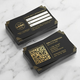 Luxus-Schwarz-Gold-Art-Deco-QR-Code-Minimal-Design Terminkarte
