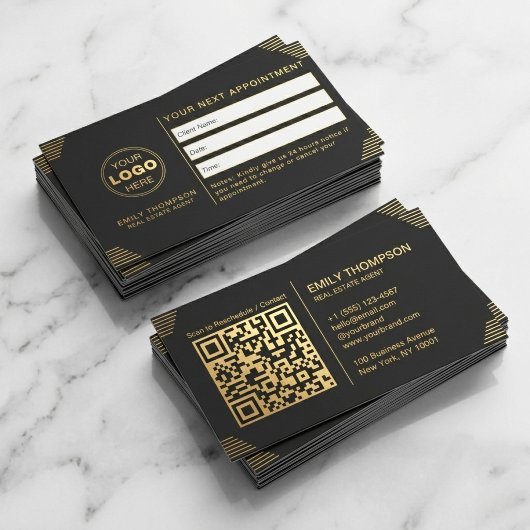 Luxus-Schwarz-Gold-Art-Deco-QR-Code-Minimal-Design Terminkarte