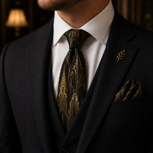Luxus-Schwarz-Gold-Art-Deco-Skyline-Gatsby-Hochzei Krawatte