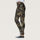 Luxus, Schwarz Gold Blumen Muster Leggings (Links)