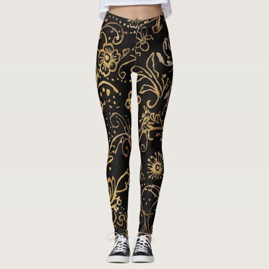 Luxus, Schwarz Gold Blumen Muster Leggings (Vorderseite)