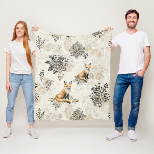 Luxus-Schwarz-Gold-Botanik-Fuchs-Kunst (1) Fleecedecke