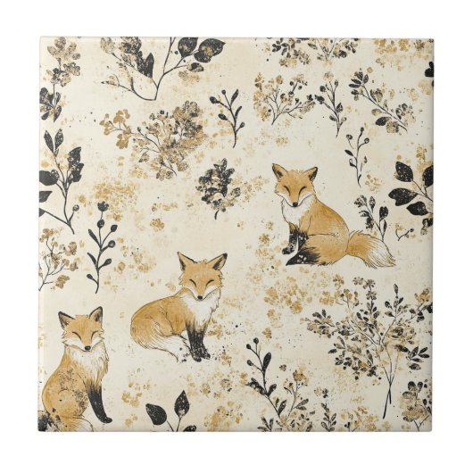Luxus-Schwarz-Gold-Botanik-Fuchs-Kunst (3) Fliese (Vorderseite)