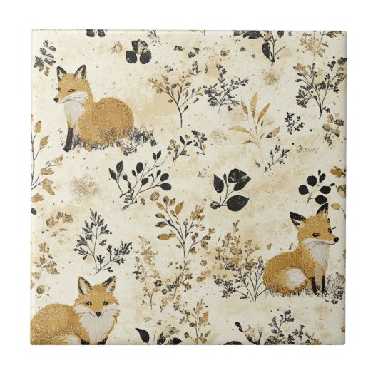Luxus-Schwarz-Gold-Botanik-Fuchs-Kunst (4) Fliese (Vorderseite)