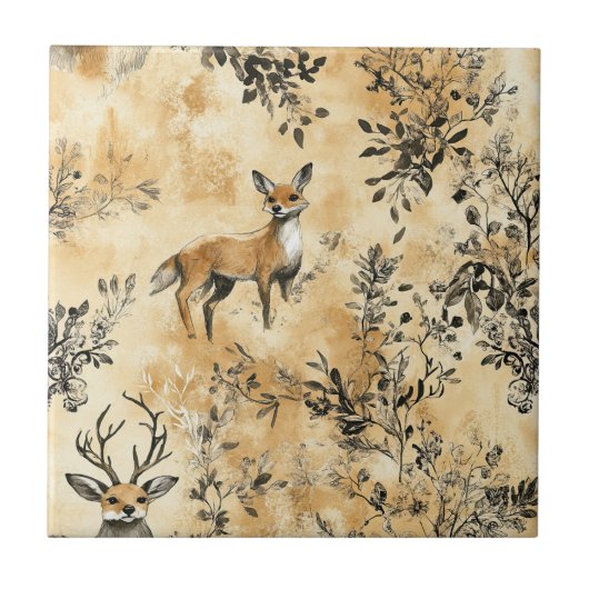 Luxus-Schwarz-Gold-Botanik-Fuchs-Kunst (5) Fliese (Vorderseite)