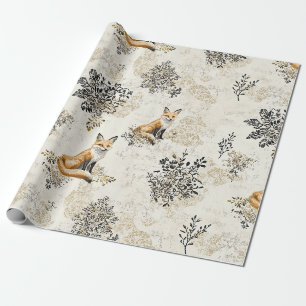 Luxus-Schwarz-Gold-Botanik-Fuchs-Kunst Geschenkpapier