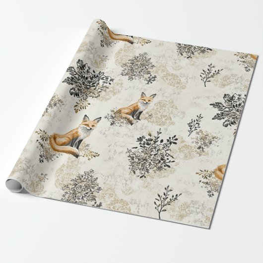 Luxus-Schwarz-Gold-Botanik-Fuchs-Kunst Geschenkpapier (Ungerollt)
