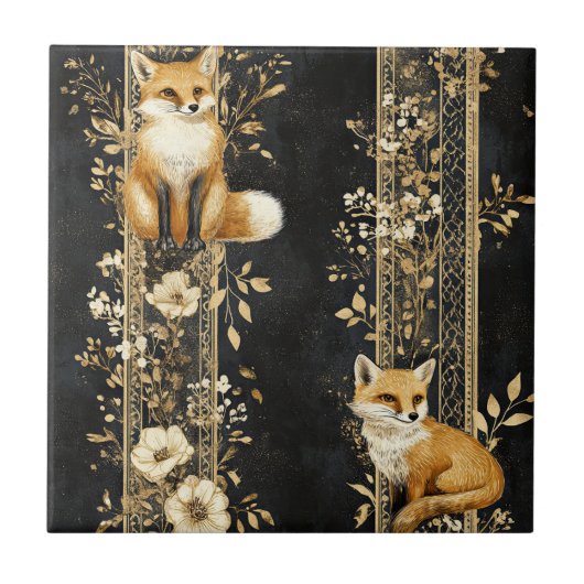 Luxus-Schwarz-Gold-Botanik-Fuchs-Muster (2) Fliese (Vorderseite)
