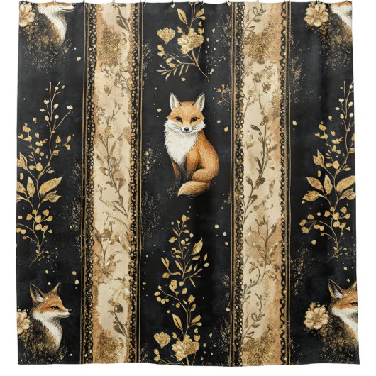 Luxus-Schwarz-Gold-Botanik-Fuchs-Muster Duschvorhang (Vorderseite)