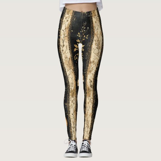 Luxus-Schwarz-Gold-Botanik-Fuchs-Muster Leggings (Vorderseite)