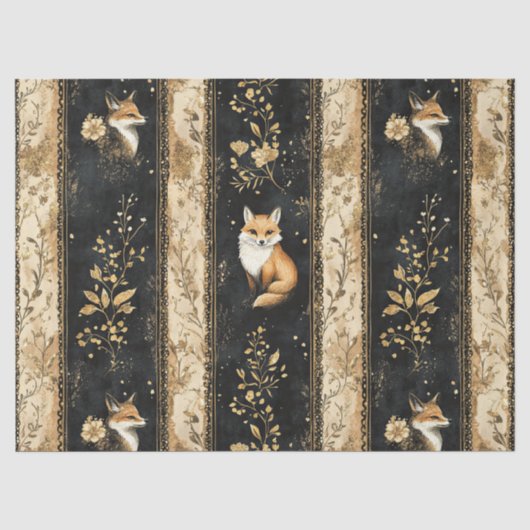 Luxus-Schwarz-Gold-Botanik-Fuchs-Muster Seidenpapier (Vorderseite)
