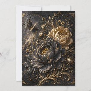 Luxus-Schwarz-Gold-Pfingstrose-Relief-Kunst – Eleg Karte