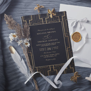 Luxus-Schwarz- und Gold-Art-Deco-QR-Code-Hochzeit Einladung