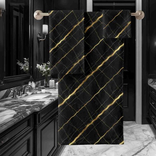 Luxus-Schwarz und Gold-Marmor Badhandtuch Set