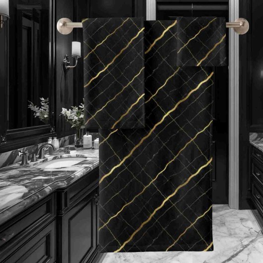 Luxus-Schwarz und Gold-Marmor Badhandtuch Set