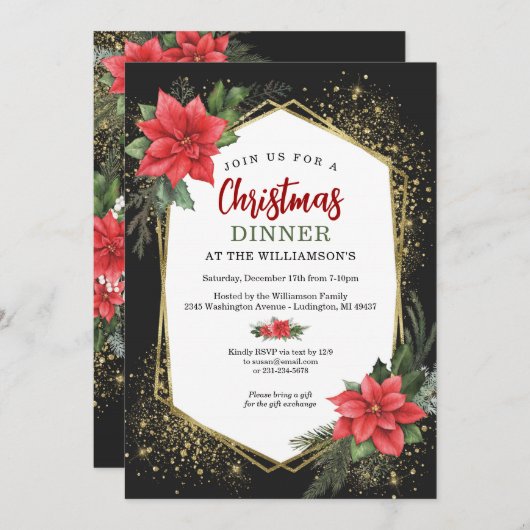 Luxus Schwarz und Gold Weihnachtsessen Einladung (Vorne/Hinten)