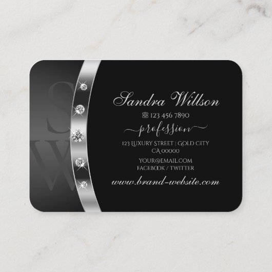 Luxus Schwarz und Silber mit Initials Rhinestones Visitenkarte (Rückseite)