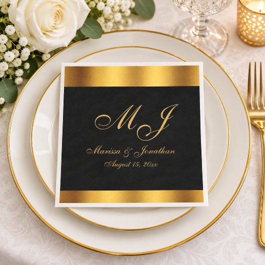 Luxus-Schwarze-Gold-Kalligrafie-Monogramm-Hochzeit Serviette