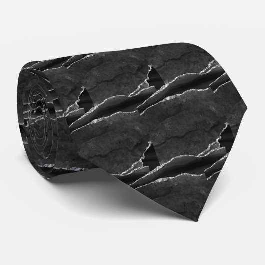 Luxus-Schwarze Silber-Faux-Glitter-Faux-Seide Krawatte (Gerollt)