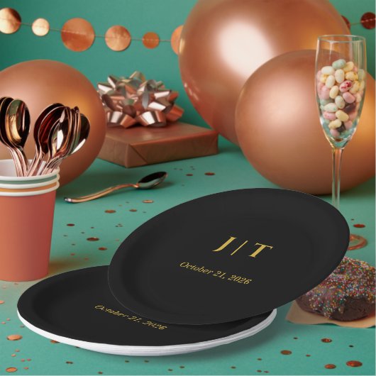 Luxus-Schwarze-und-goldene-Monogramm-Hochzeitspapi Pappteller (Multi)