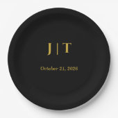 Luxus-Schwarze-und-goldene-Monogramm-Hochzeitspapi Pappteller (Vorderseite)