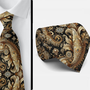 Luxus-Schwarze-Weiße-Gold-Paisley-Diamant-Halskraw Krawatte