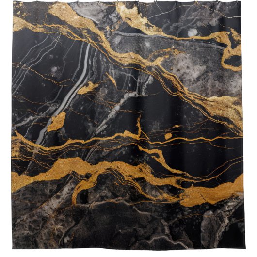 Luxus-Schwarzer Marmor Gold Kintsugi Adern Achat Duschvorhang (Vorderseite)