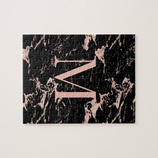 Luxus Schwarzer Marmor Rose Gold Foil Monogramm Puzzle (Horizontal)