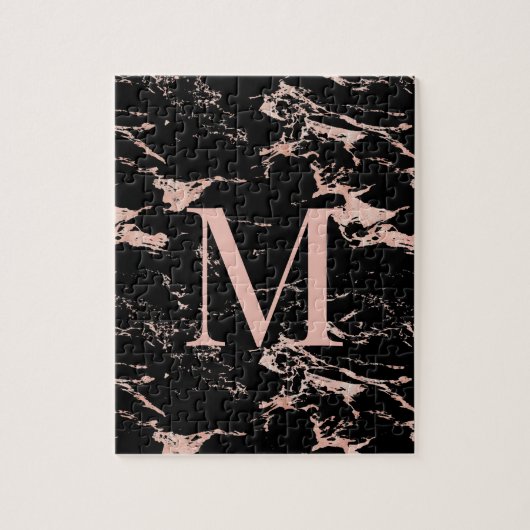 Luxus Schwarzer Marmor Rose Gold Foil Monogramm Puzzle (Vertikal)