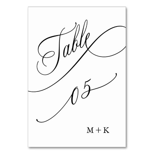 Luxus Script Black and White Wedding Number 5, Tischnummer (Vorderseite)