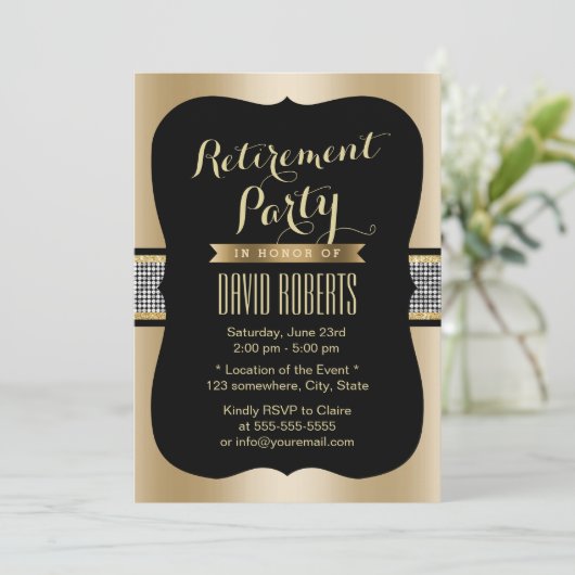 Luxus Sequin Belt Black & Gold Rente Party Einladung (Stehend Vorderseite)