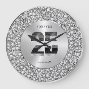 Luxus Silber 25. Jubiläum Schwarz & Grau Glitter Große Wanduhr
