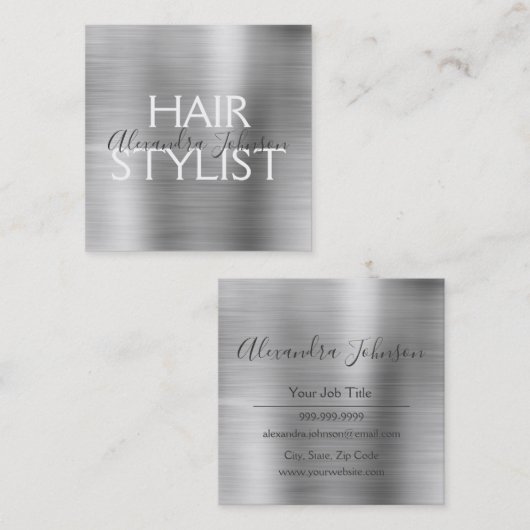 Luxus Silber Brushed Metal Haar Stylist Quadratische Visitenkarte (Vorne/Hinten)
