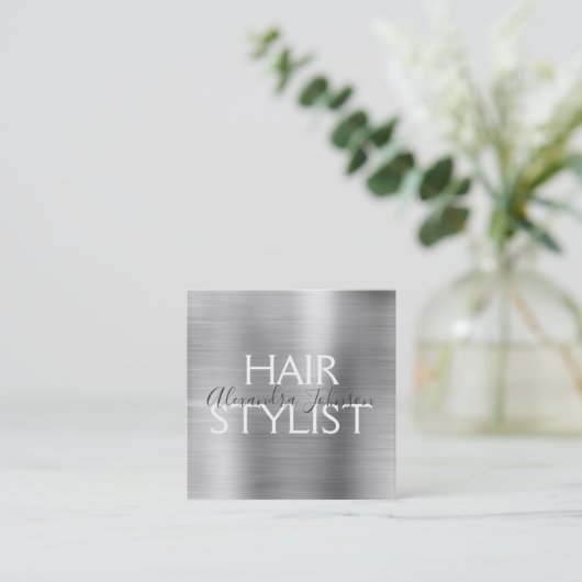 Luxus Silber Brushed Metal Haar Stylist Quadratische Visitenkarte (Stehend Vorderseite)